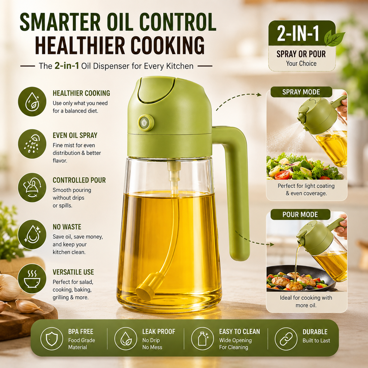 2-in-1 Glass Oil Sprayer & Dispenser Bottle For Cooking, BBQ & Air Fryer