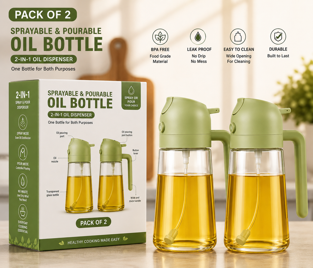 2-in-1 Glass Oil Sprayer & Dispenser Bottle For Cooking, BBQ & Air Fryer
