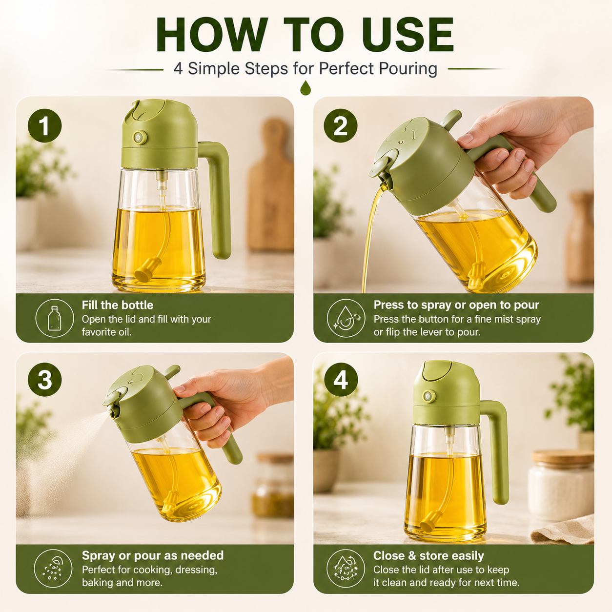 2-in-1 Glass Oil Sprayer & Dispenser Bottle For Cooking, BBQ & Air Fryer