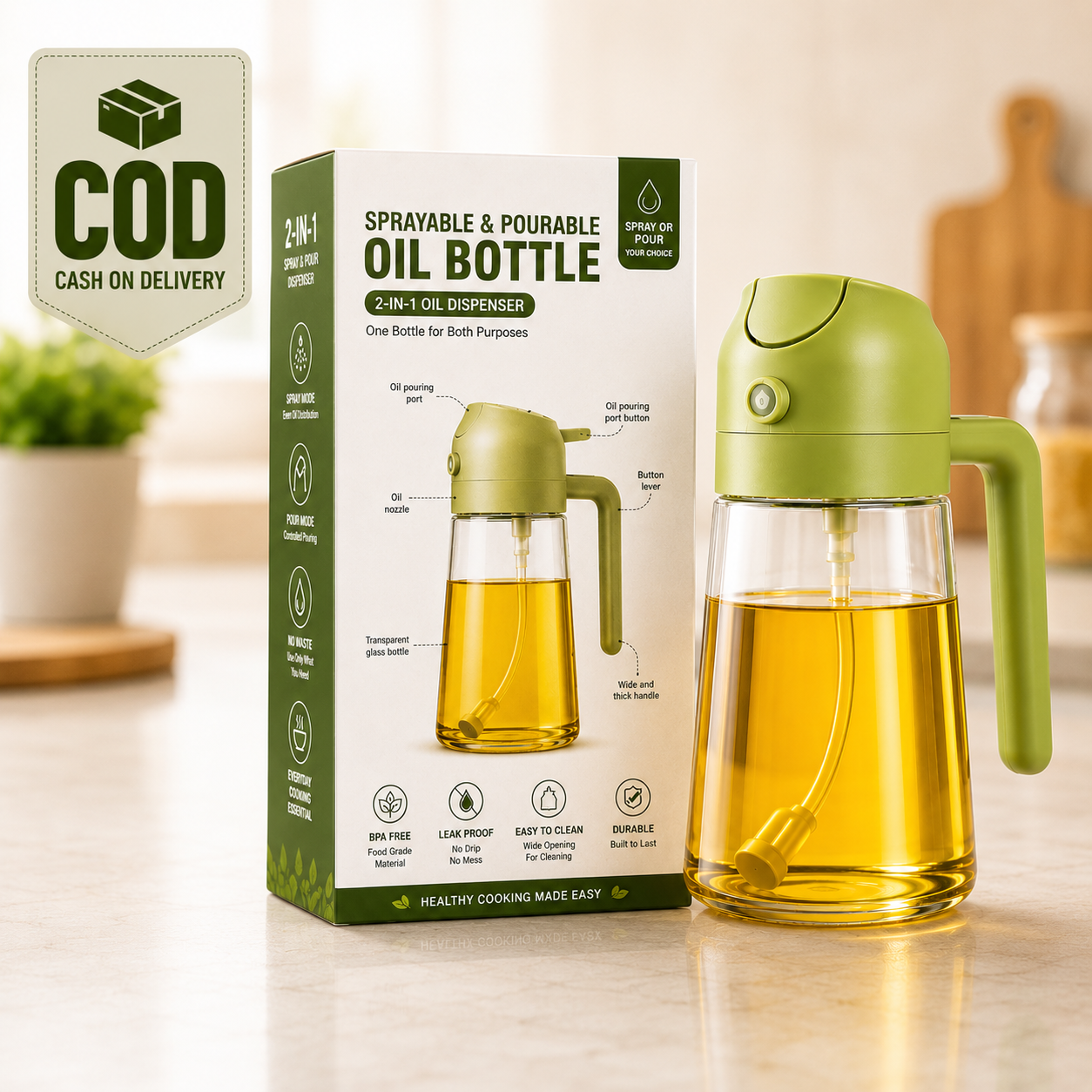 2-in-1 Glass Oil Sprayer & Dispenser Bottle For Cooking, BBQ & Air Fryer